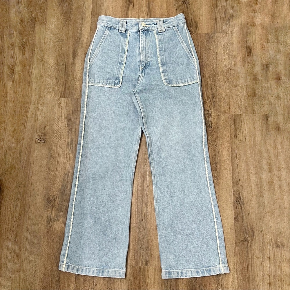 Zara,‎ High Rise Tweed Trim Jewel Button Crop Wide Leg Light Wash Jeans Sz 4